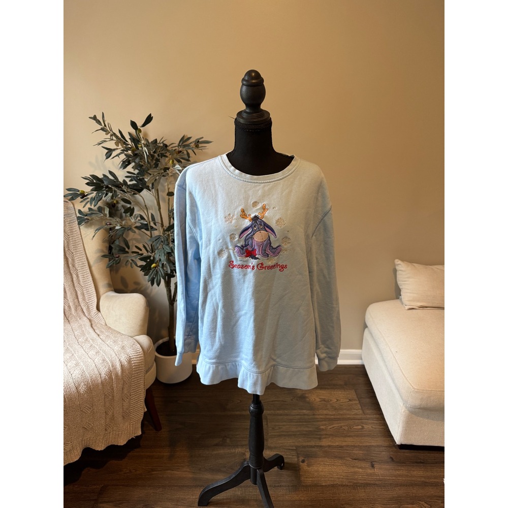 Disney Eeyore Seasons Greetings Blue Ruffle Hem Sweatshirt Large Vintage Style